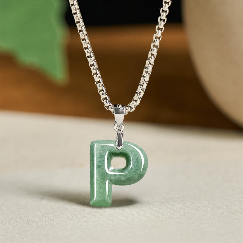 Wear FengShui Natural A-Z Letter Jade Titanium Steel Wide Chain Prosperity Necklace Pendant