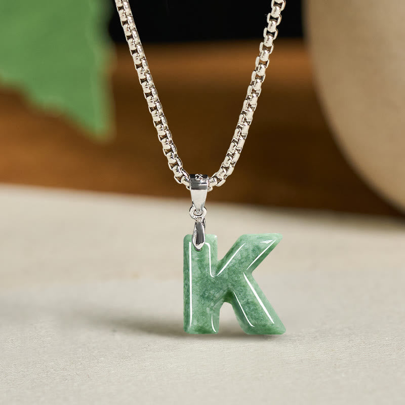 Wear FengShui Natural A-Z Letter Jade Titanium Steel Wide Chain Prosperity Necklace Pendant