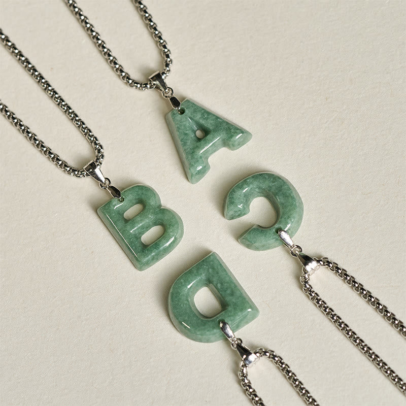 Wear FengShui Natural A-Z Letter Jade Titanium Steel Wide Chain Prosperity Necklace Pendant