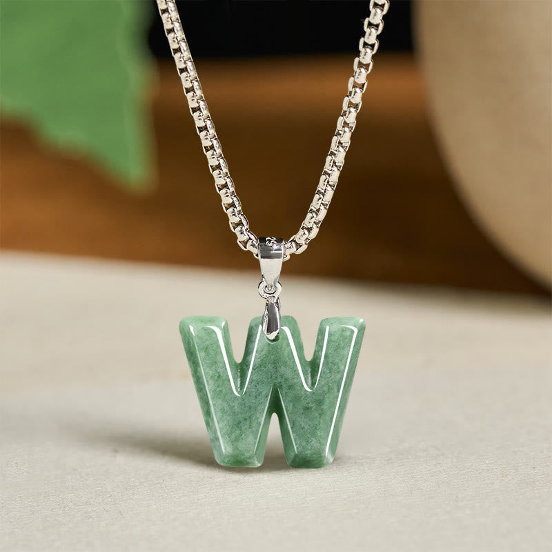 Wear FengShui Natural A-Z Letter Jade Titanium Steel Wide Chain Prosperity Necklace Pendant