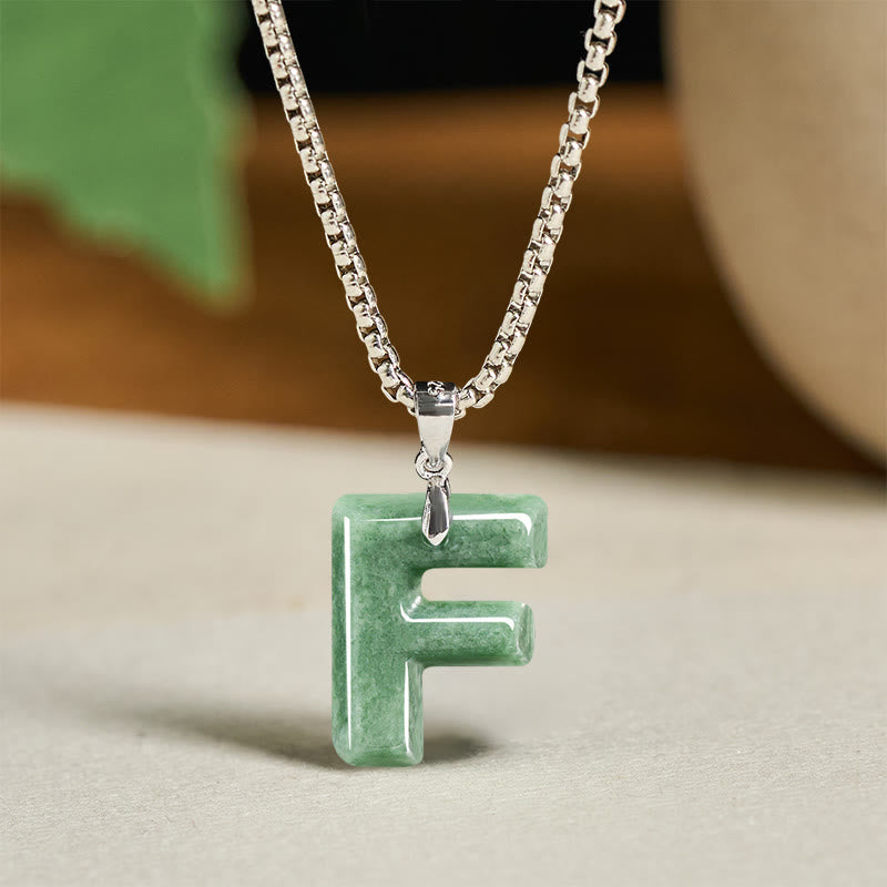 Wear FengShui Natural A-Z Letter Jade Titanium Steel Wide Chain Prosperity Necklace Pendant