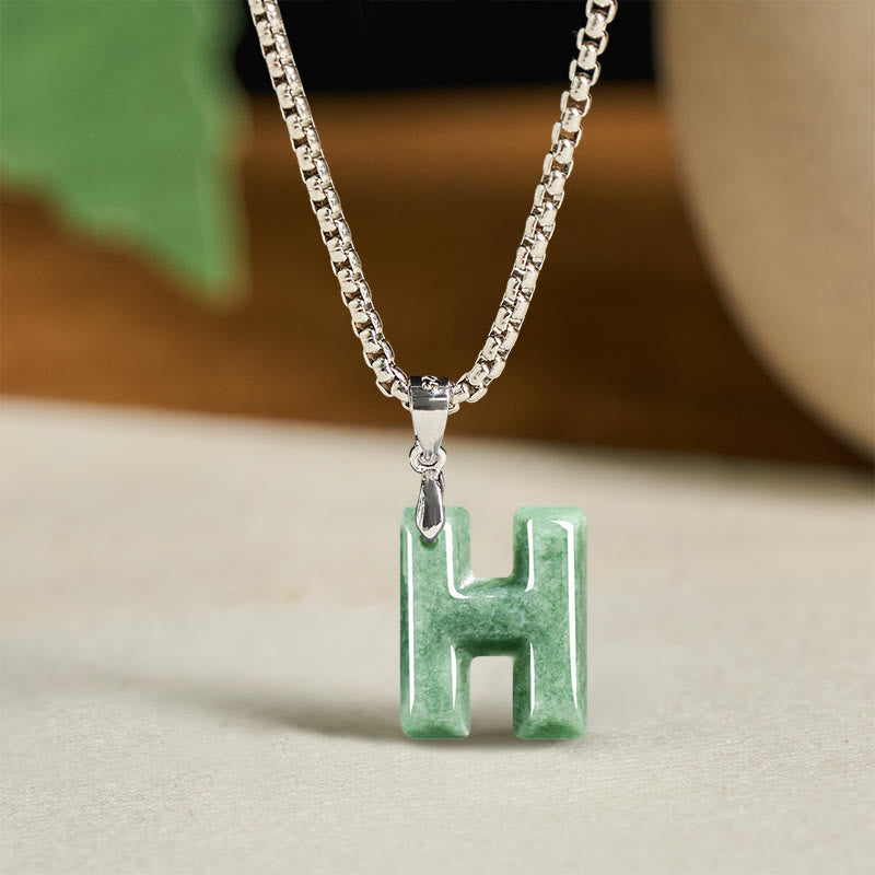 Wear FengShui Natural A-Z Letter Jade Titanium Steel Wide Chain Prosperity Necklace Pendant