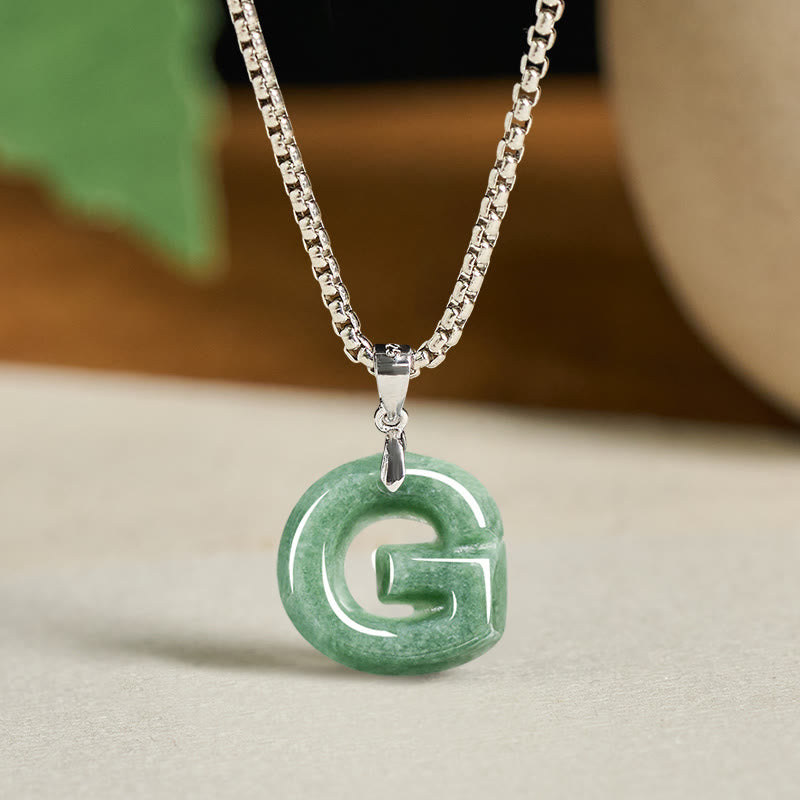 Wear FengShui Natural A-Z Letter Jade Titanium Steel Wide Chain Prosperity Necklace Pendant