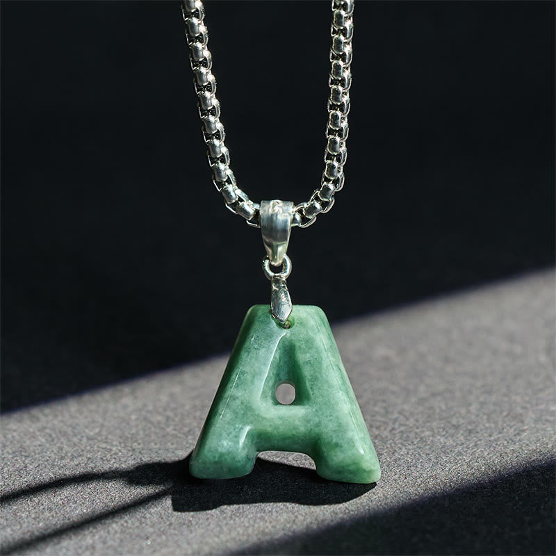 Wear FengShui "May You Find Your Own Meaning" Natural A-Z Letter Jade Titanium Steel Chain Necklace Includes Gift Message Card