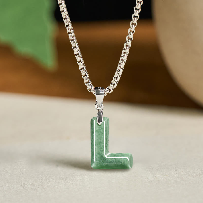 Wear FengShui Natural A-Z Letter Jade Titanium Steel Wide Chain Prosperity Necklace Pendant
