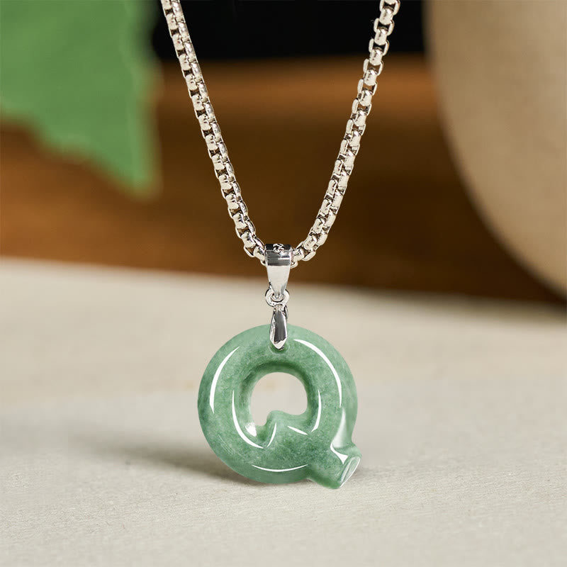 Wear FengShui Natural A-Z Letter Jade Titanium Steel Wide Chain Prosperity Necklace Pendant