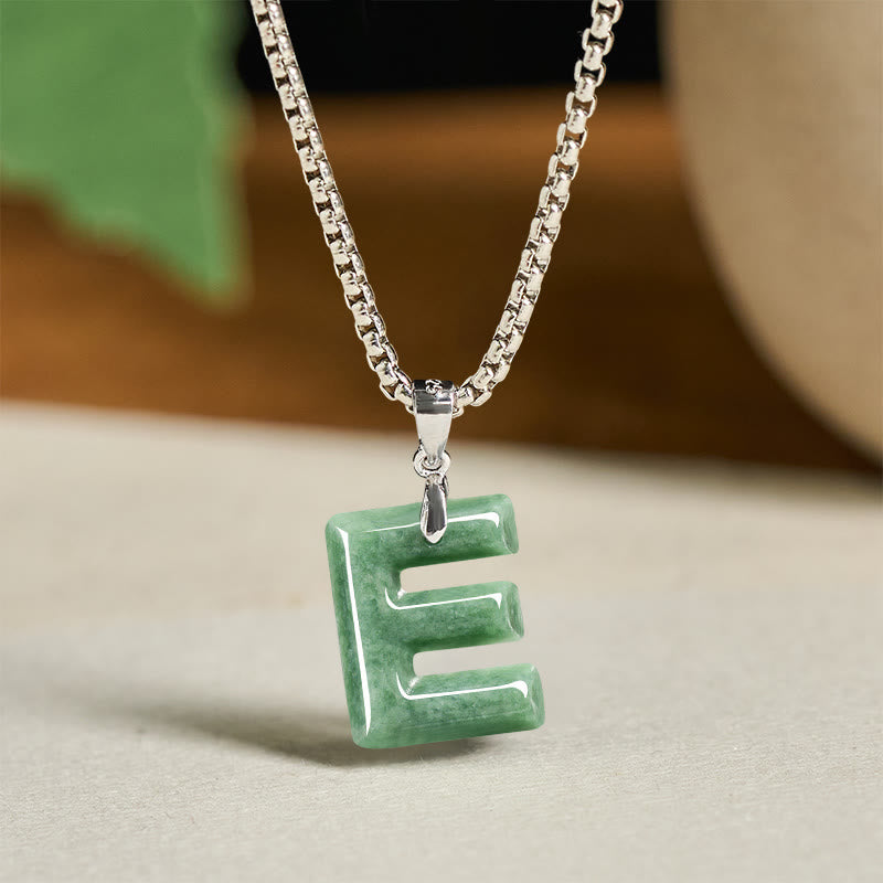 Wear FengShui Natural A-Z Letter Jade Titanium Steel Wide Chain Prosperity Necklace Pendant