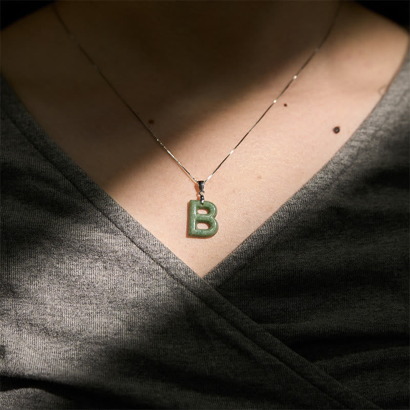 Wear FengShui "May You Find Your Own Meaning" Natural A-Z Letter Jade 925 Sterling Silver Chain Necklace Includes Gift Message Card