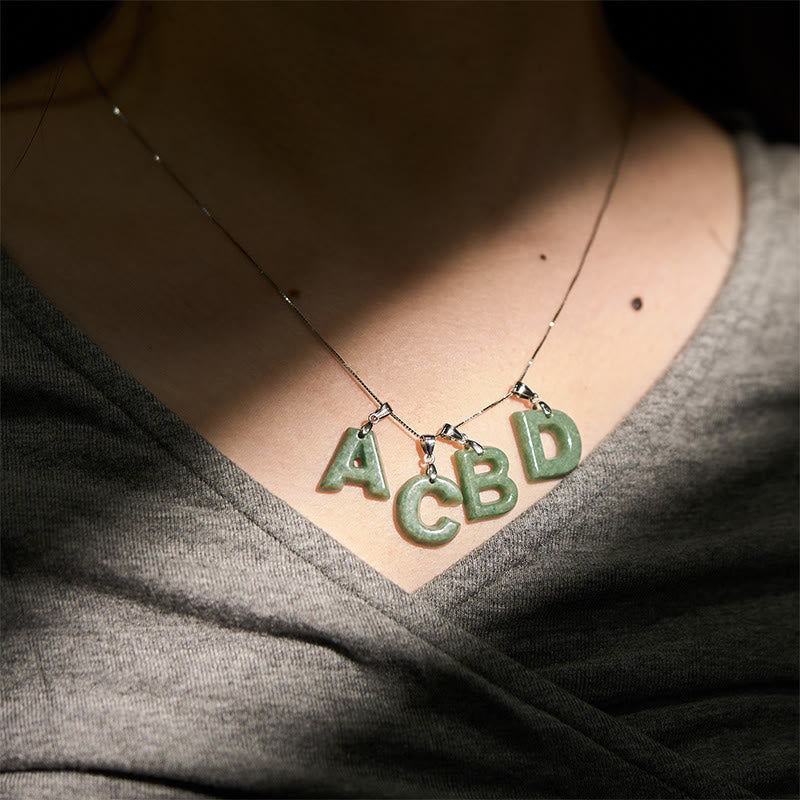 Wear FengShui "May You Find Your Own Meaning" Natural A-Z Letter Jade 925 Sterling Silver Chain Necklace Includes Gift Message Card