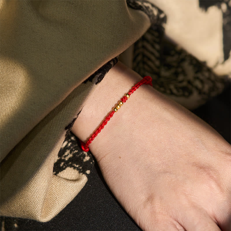 Wear FengShui 925 Sterling Silver Plated Gold Beads Red String Connection Adjustable Bracelet