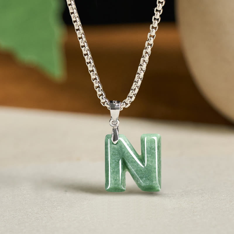Wear FengShui Natural A-Z Letter Jade Titanium Steel Wide Chain Prosperity Necklace Pendant