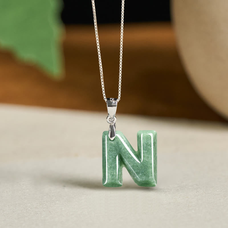 Wear FengShui "May You Find Your Own Meaning" Natural A-Z Letter Jade 925 Sterling Silver Chain Necklace Includes Gift Message Card