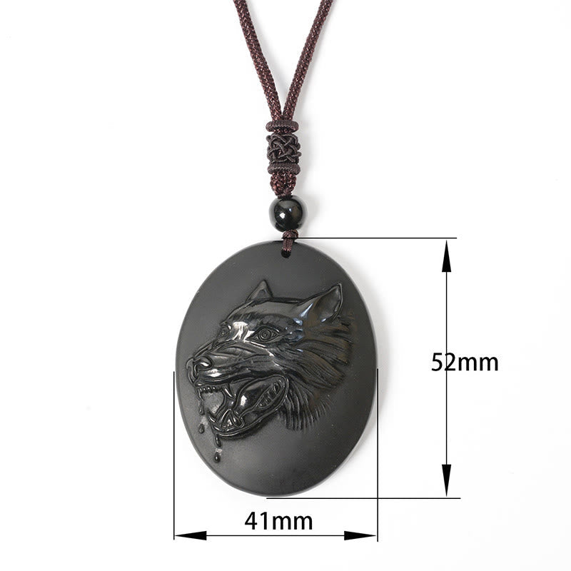 Wear FengShui Wolf Head Natural Black Obsidian Strength Necklace Pendant