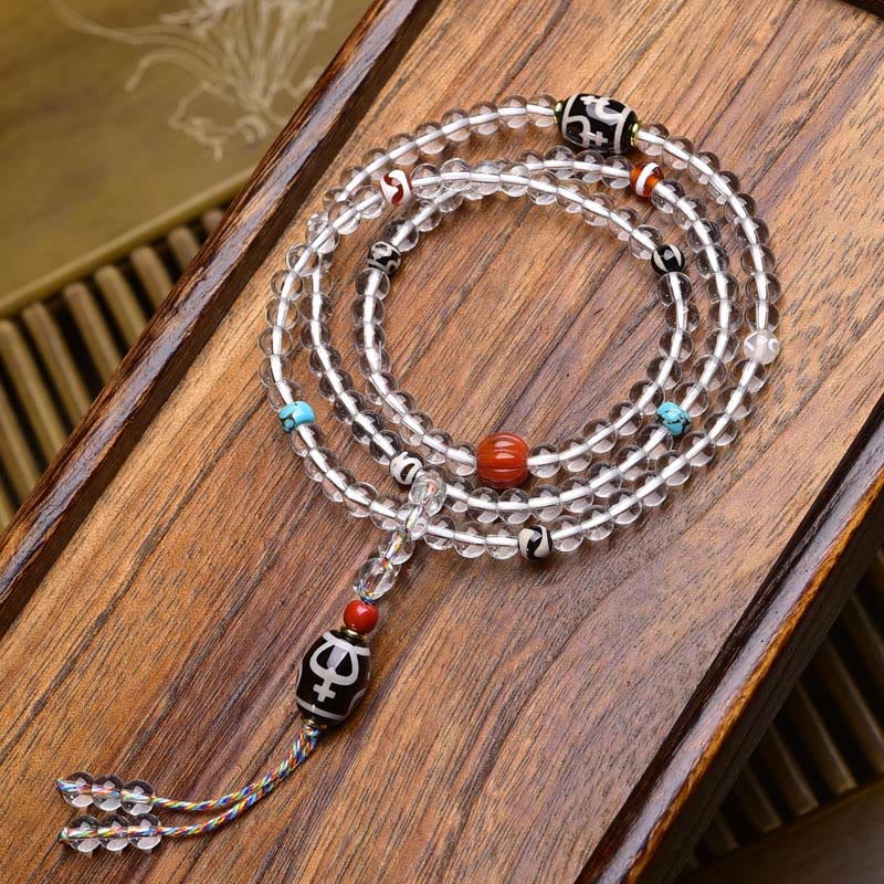 Wear FengShui 108 Beads Liuli Crystal Dzi Bead Agate Blessings Tassel Mala