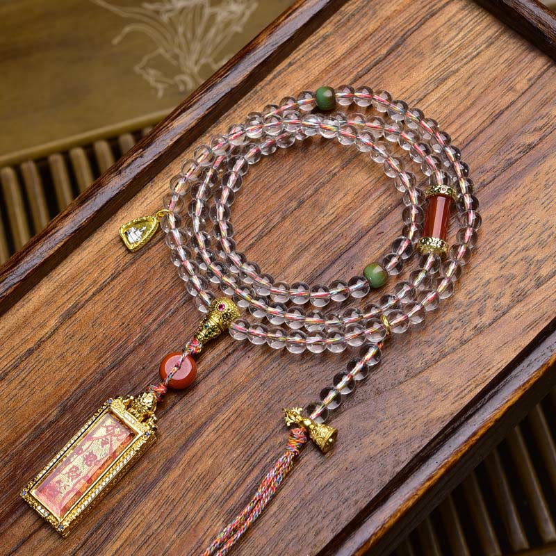 Wear FengShui 108 Beads Liuli Crystal Dzi Bead Agate Blessings Tassel Mala