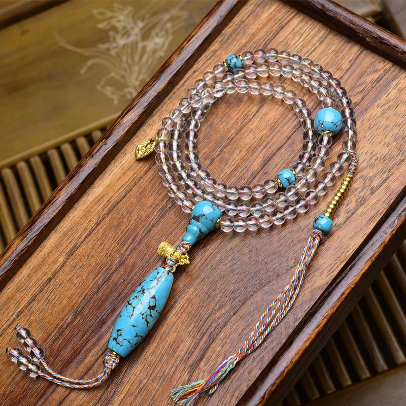 Wear FengShui 108 Beads Liuli Crystal Dzi Bead Agate Blessings Tassel Mala