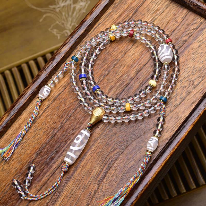 Wear FengShui 108 Beads Liuli Crystal Dzi Bead Agate Blessings Tassel Mala