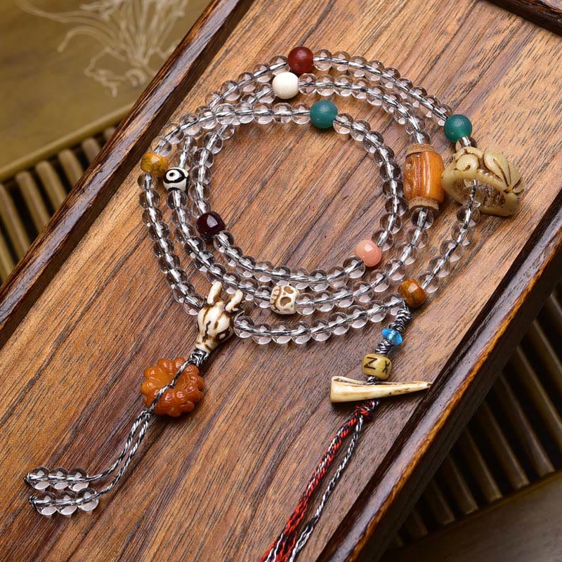 Wear FengShui 108 Beads Liuli Crystal Dzi Bead Agate Blessings Tassel Mala