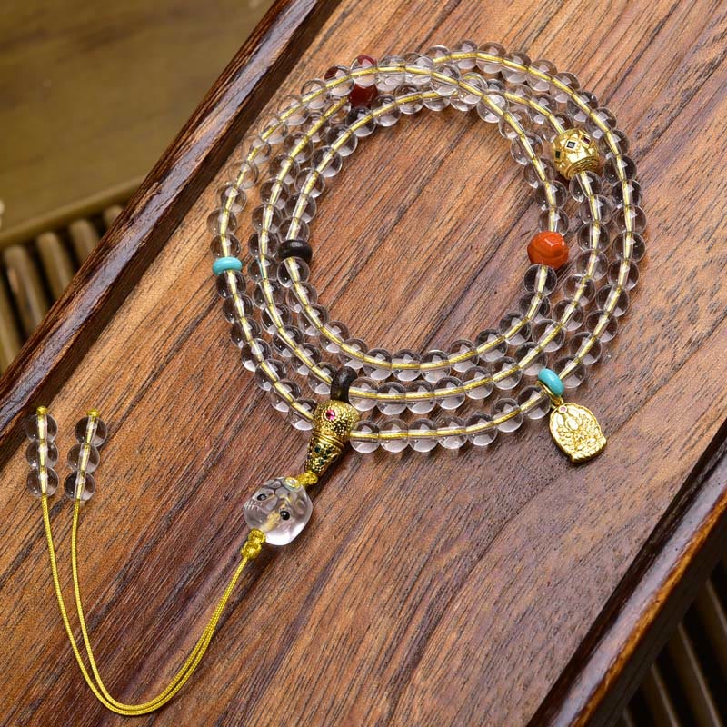 Wear FengShui 108 Beads Liuli Crystal Dzi Bead Agate Blessings Tassel Mala