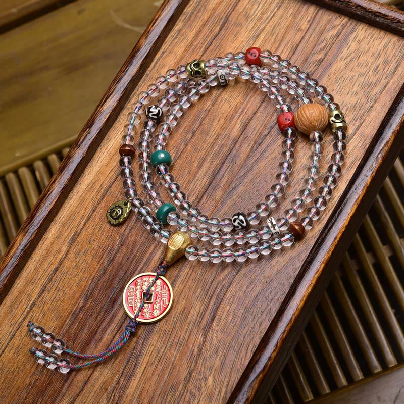 Wear FengShui 108 Beads Liuli Crystal Dzi Bead Agate Blessings Tassel Mala