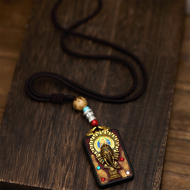 Wear FengShui Tibetan Ganesh Ganpati Elephant Ebony Wood Rope Peace Necklace Pendant