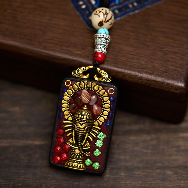 Wear FengShui Tibetan Ganesh Ganpati Elephant Ebony Wood Rope Peace Necklace Pendant