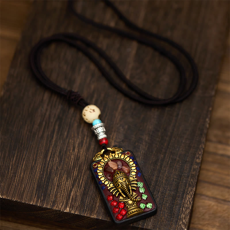 Wear FengShui Tibetan Ganesh Ganpati Elephant Ebony Wood Rope Peace Necklace Pendant