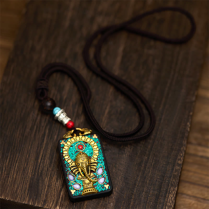 Wear FengShui Tibetan Ganesh Ganpati Elephant Ebony Wood Rope Peace Necklace Pendant
