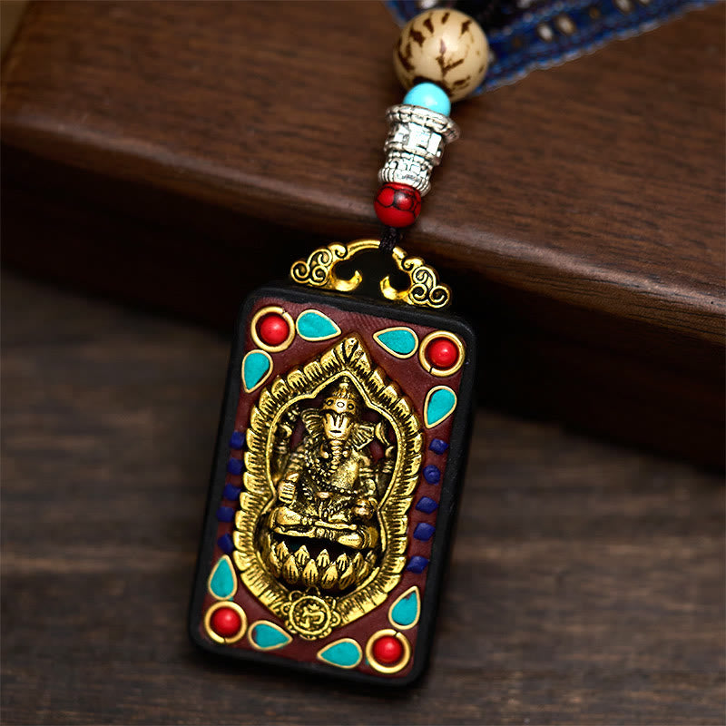Wear FengShui Tibetan Ganesh Ganpati Elephant Ebony Wood Rope Peace Necklace Pendant