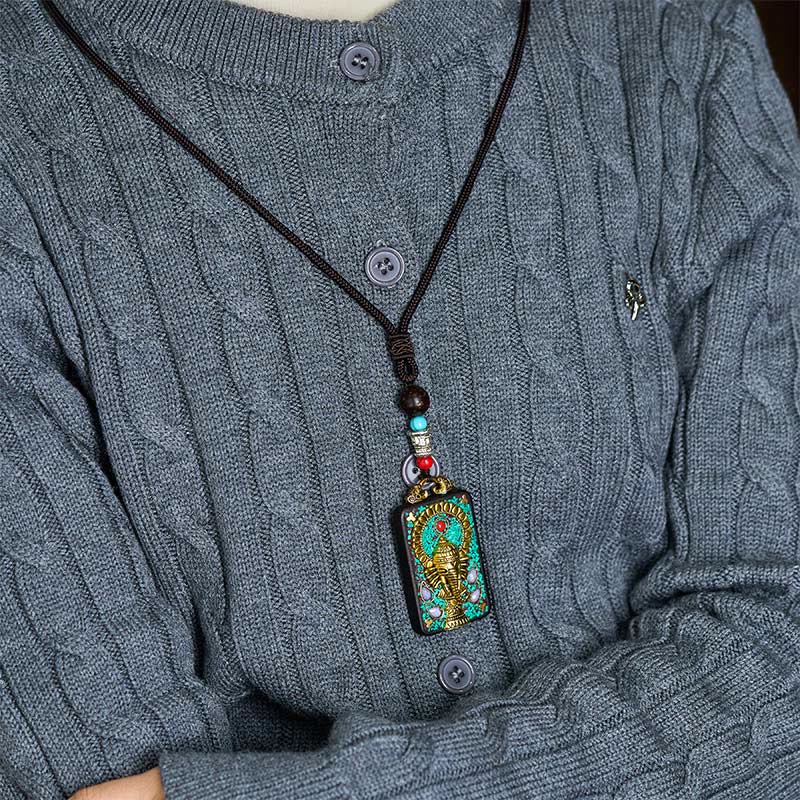 Wear FengShui Tibetan Ganesh Ganpati Elephant Ebony Wood Rope Peace Necklace Pendant