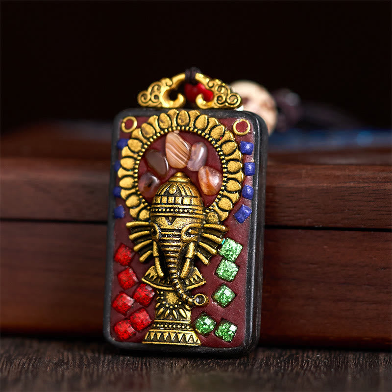 Wear FengShui Tibetan Ganesh Ganpati Elephant Ebony Wood Rope Peace Necklace Pendant