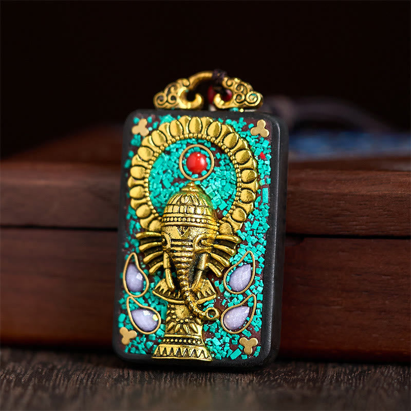 Wear FengShui Tibetan Ganesh Ganpati Elephant Ebony Wood Rope Peace Necklace Pendant