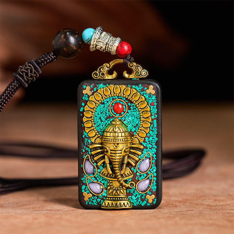 Wear FengShui Tibetan Ganesh Ganpati Elephant Ebony Wood Rope Peace Necklace Pendant