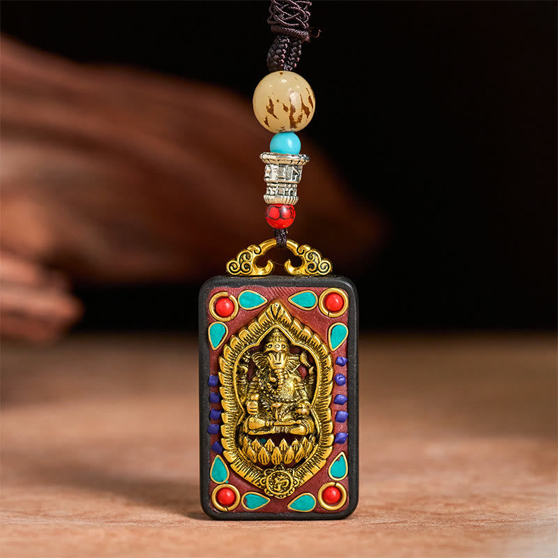Wear FengShui Tibetan Ganesh Ganpati Elephant Ebony Wood Rope Peace Necklace Pendant