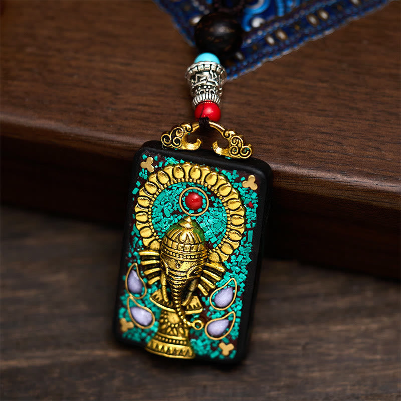 Wear FengShui Tibetan Ganesh Ganpati Elephant Ebony Wood Rope Peace Necklace Pendant