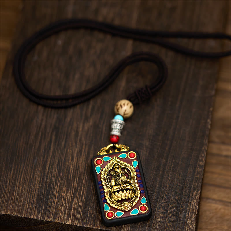 Wear FengShui Tibetan Ganesh Ganpati Elephant Ebony Wood Rope Peace Necklace Pendant