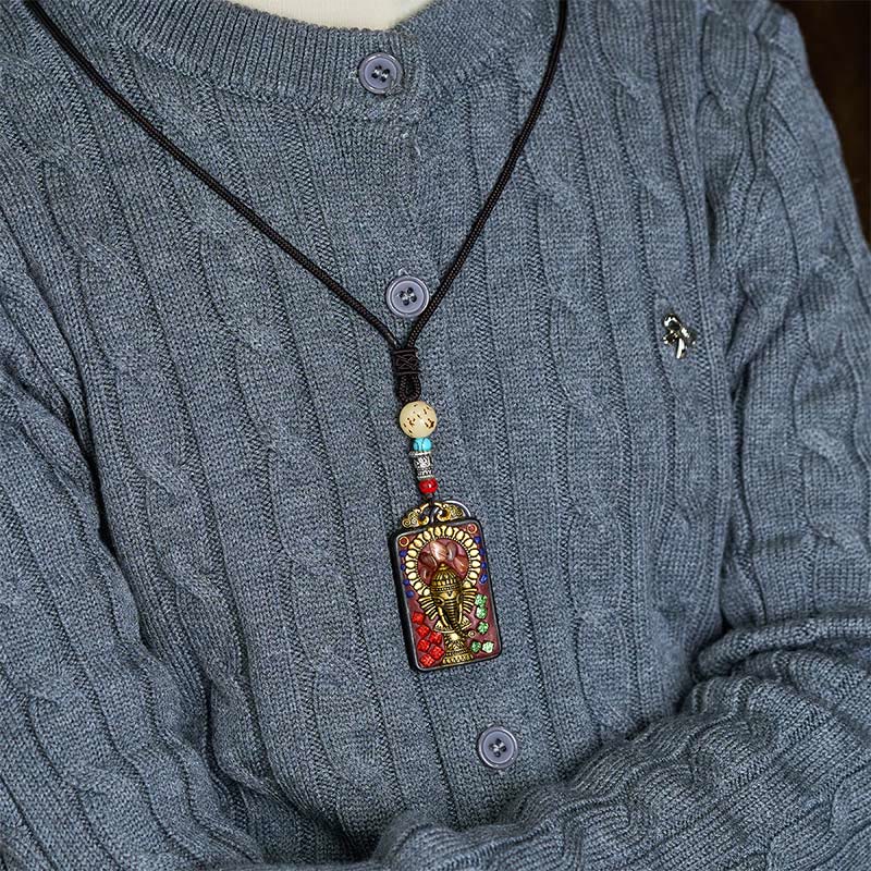 Wear FengShui Tibetan Ganesh Ganpati Elephant Ebony Wood Rope Peace Necklace Pendant