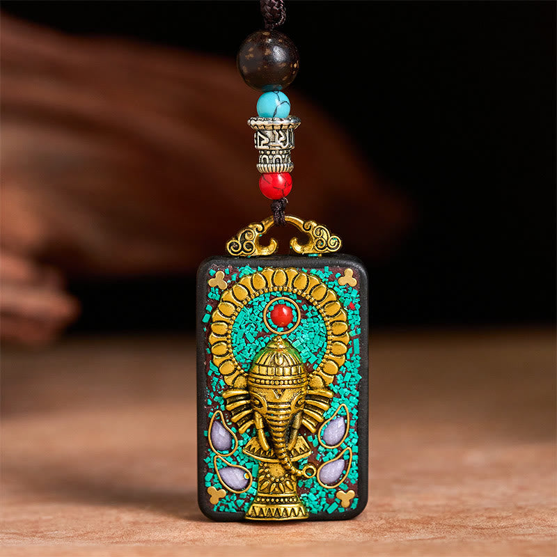 Wear FengShui Tibetan Ganesh Ganpati Elephant Ebony Wood Rope Peace Necklace Pendant