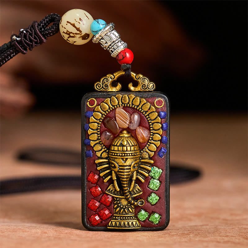 Wear FengShui Tibetan Ganesh Ganpati Elephant Ebony Wood Rope Peace Necklace Pendant
