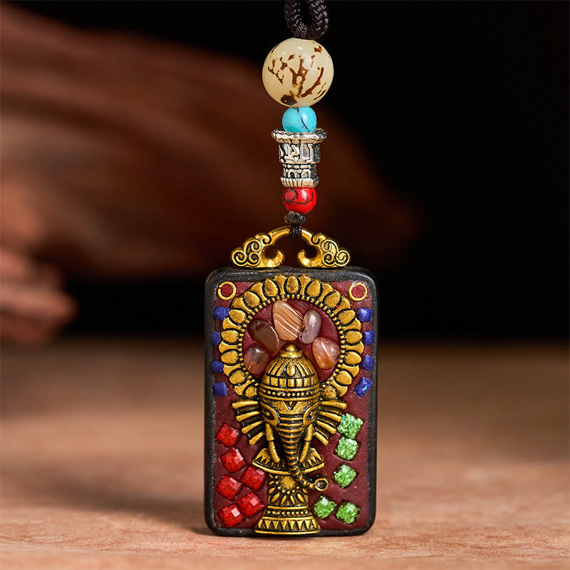 Wear FengShui Tibetan Ganesh Ganpati Elephant Ebony Wood Rope Peace Necklace Pendant
