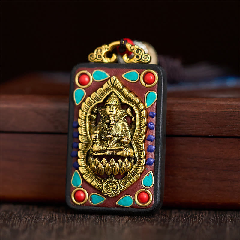 Wear FengShui Tibetan Ganesh Ganpati Elephant Ebony Wood Rope Peace Necklace Pendant