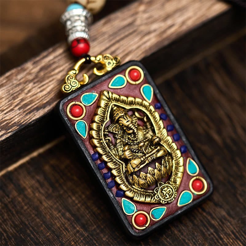 Wear FengShui Tibetan Ganesh Ganpati Elephant Ebony Wood Rope Peace Necklace Pendant
