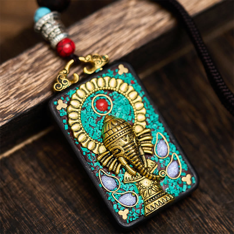Wear FengShui Tibetan Ganesh Ganpati Elephant Ebony Wood Rope Peace Necklace Pendant