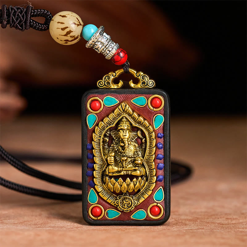 Wear FengShui Tibetan Ganesh Ganpati Elephant Ebony Wood Rope Peace Necklace Pendant