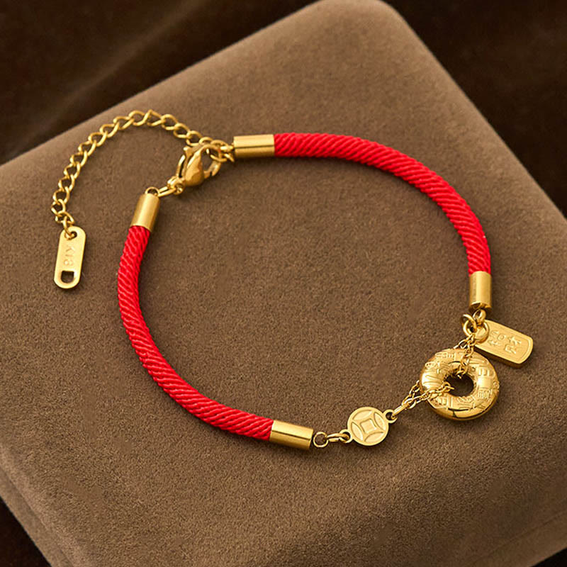 Wear FengShui Peace Buckle Attract Fortune Charm Titanium Steel Red String Connection Bracelet