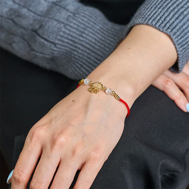 Wear FengShui Chinese Lock Charm Cat's Eye Red String Copper Plated Gold Protection Bracelet
