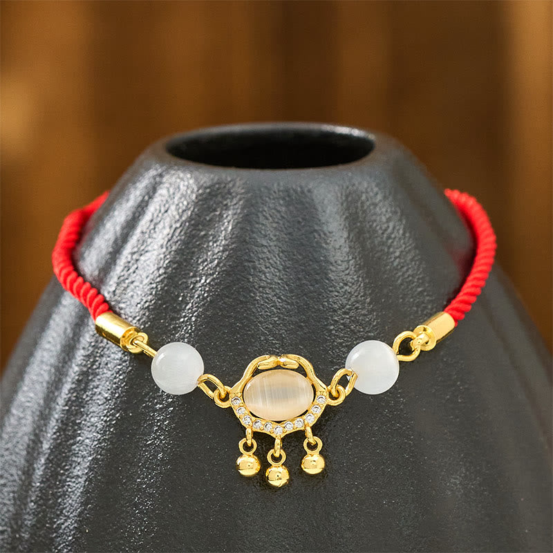 Wear FengShui Chinese Lock Charm Cat's Eye Red String Copper Plated Gold Protection Bracelet