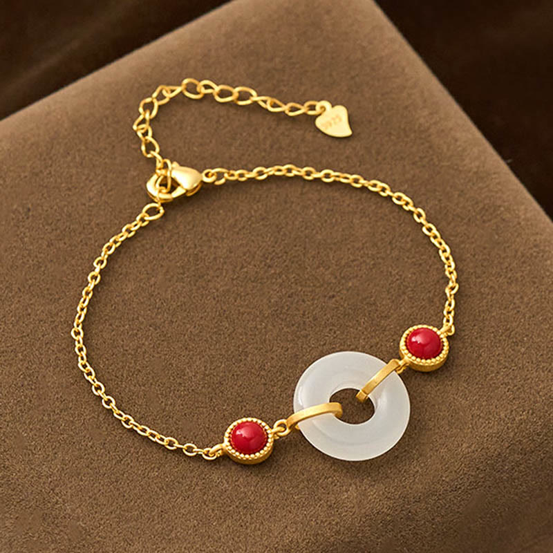 Wear FengShui Peace Buckle Hetian White Jade Copper Plated Gold Protection Bracelet