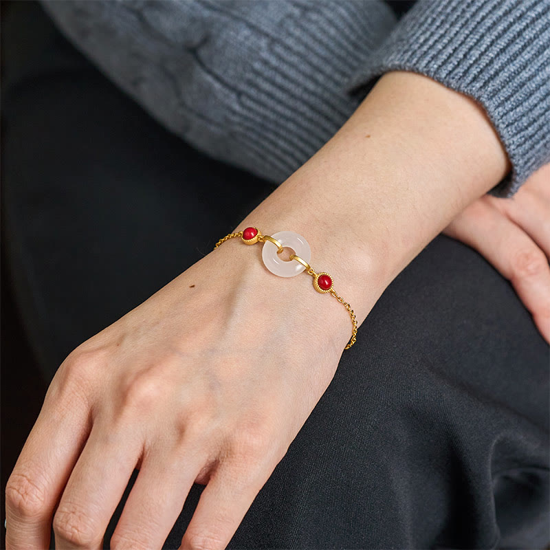 Wear FengShui Peace Buckle Hetian White Jade Copper Plated Gold Protection Bracelet