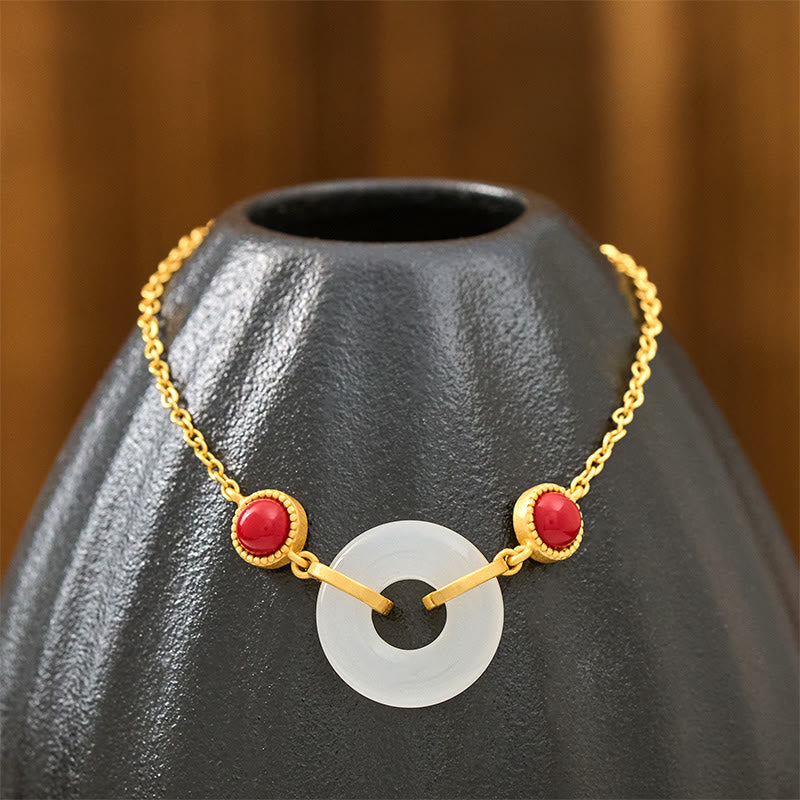 Wear FengShui Peace Buckle Hetian White Jade Copper Plated Gold Protection Bracelet